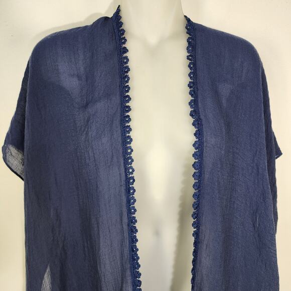 Steve Madden Cover Up Sheer Lace Inset Blue Kimono One Size Fringe Beach Swim - Picture 3 of 12